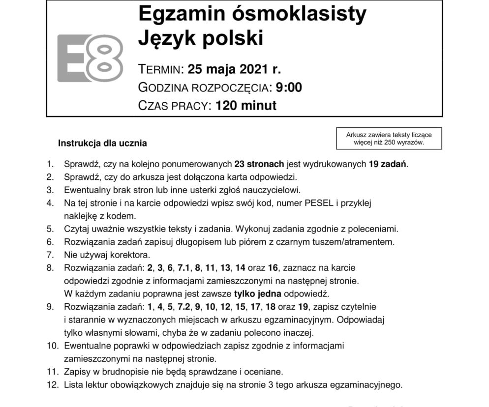 Egzamin ósmoklasisty 2021, język polski. Arkusze CKE, pytania, odpowiedzi [25.05.2021]