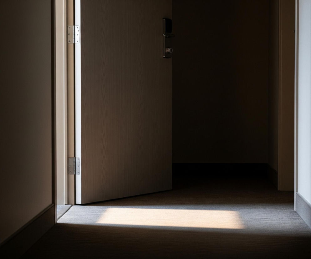 Częściowo otwarte jasne drewniane drzwi z metalowymi zawiasami oraz ciemnym zamkiem i klamką, wychylają się z lewej strony kadru, ukazując ciemny korytarz. Na podłodze korytarza leży beżowy dywan, na który pada prostokątne, jasne światło z niewidocznego źródła. Ściany po bokach i sufit są w większości zacienione, z jasnym pionowym pasem światła na prawej ścianie.