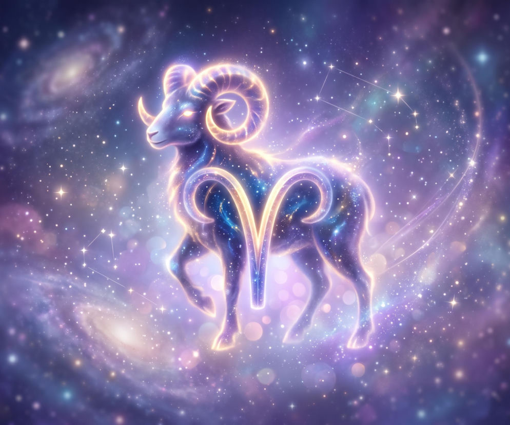 Świecąca sylwetka barana na tle kosmosu z symbolem zodiaku. O horoskopie dla Barana przeczytasz na Eska.