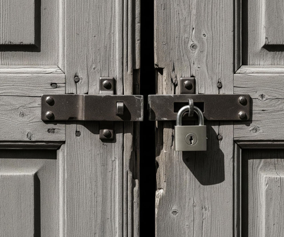 Solidne, stare, drewniane drzwi o szarym odcieniu są zamknięte na metalową, czarną zasuwę i dużą, srebrną kłódkę. Drewno jest popękane i spłowiałe, a metalowe elementy są nieco skorodowane, co świadczy o jego wieku. Głębokie cienie na powierzchni drzwi wskazują na ostre światło padające z lewej strony.