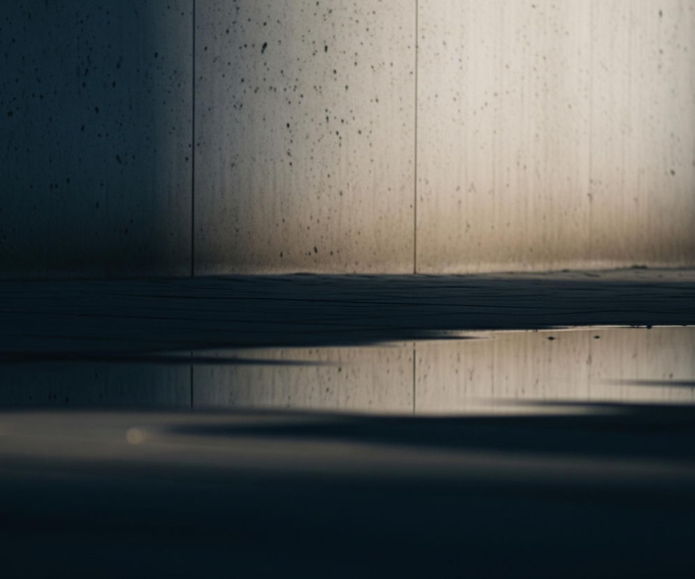 Widoczne jest wnętrze pomieszczenia z betonowymi ścianami i podłogą, oświetlone światłem wpadającym z prawej strony. Górna połowa obrazu przedstawia ścianę o zróżnicowanej jasności, gdzie lewa część jest ciemnoniebieska, a prawa jasnobeżowa z pionowymi smugami i drobnymi, ciemnymi plamkami. Dolna połowa to lustrzane odbicie ściany na mokrej, ciemnoszarej podłodze, z linią styku ściany i podłogi biegnącą przez środek kadru.
