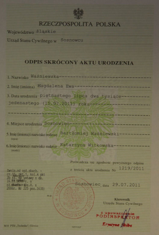 Madzia Waśniewska - akt urodzenia