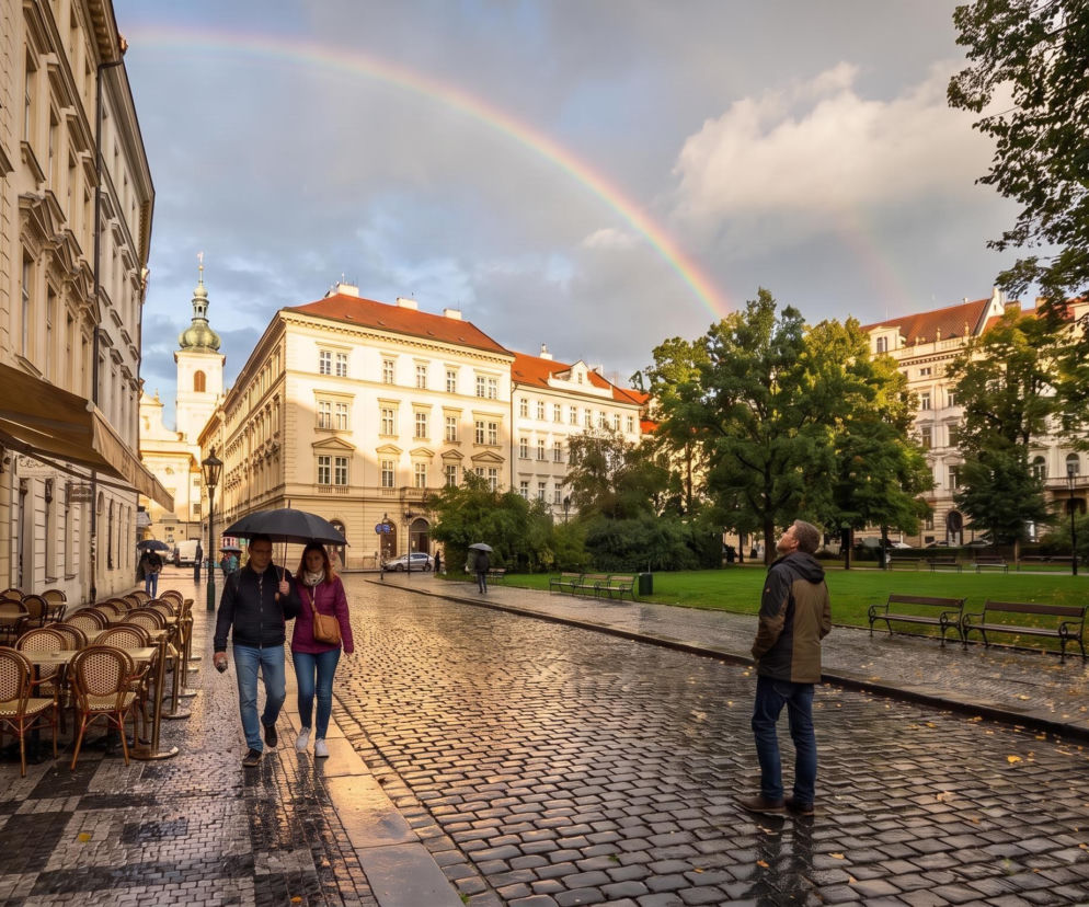Ludzie na mokrym placu pod tęczą. O tym, gdzie wystąpią opady i słońce w weekend, przeczytasz na Eska.