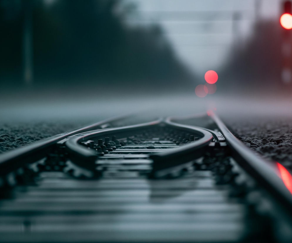 Główne tory kolejowe z rozjazdem biegną przez środek kadru, widoczne z niskiej perspektywy. Tory pokryte są drobnym, ciemnym żwirem, a po lewej stronie widać odbijające się światło na powierzchni metalowej szyny. W tle unosi się gęsta mgła, nadając scenie eteryczny, tajemniczy charakter. Na horyzoncie, wśród zamglonego tła, świecą rozmazane, czerwone światła sygnalizacji kolejowej.