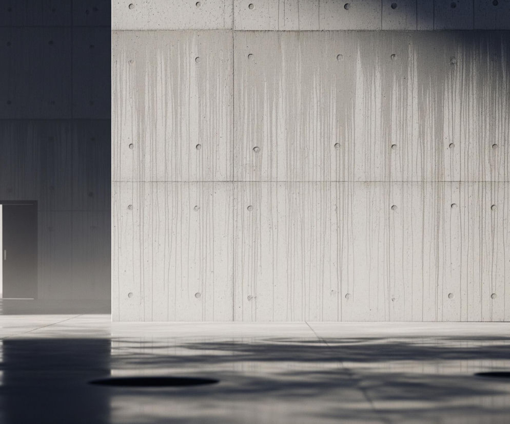 Pusta, minimalistyczna przestrzeń architektoniczna zbudowana z szarego betonu. Prawa ściana, o jaśniejszym odcieniu, jest podzielona na panele, z widocznymi okrągłymi otworami i pionowymi smugami, sugerującymi ślady spływającej wody. Na podłodze widoczne są odbicia światła i cieni rzucane przez niewidoczne elementy, tworzące ciemniejsze plamy i nieregularne wzory. W lewym, ciemniejszym obszarze znajduje się otwarte skrzydło drzwi, zza którego wydobywa się jasne, rozproszone światło, tworząc intensywną poświatę na podłodze.