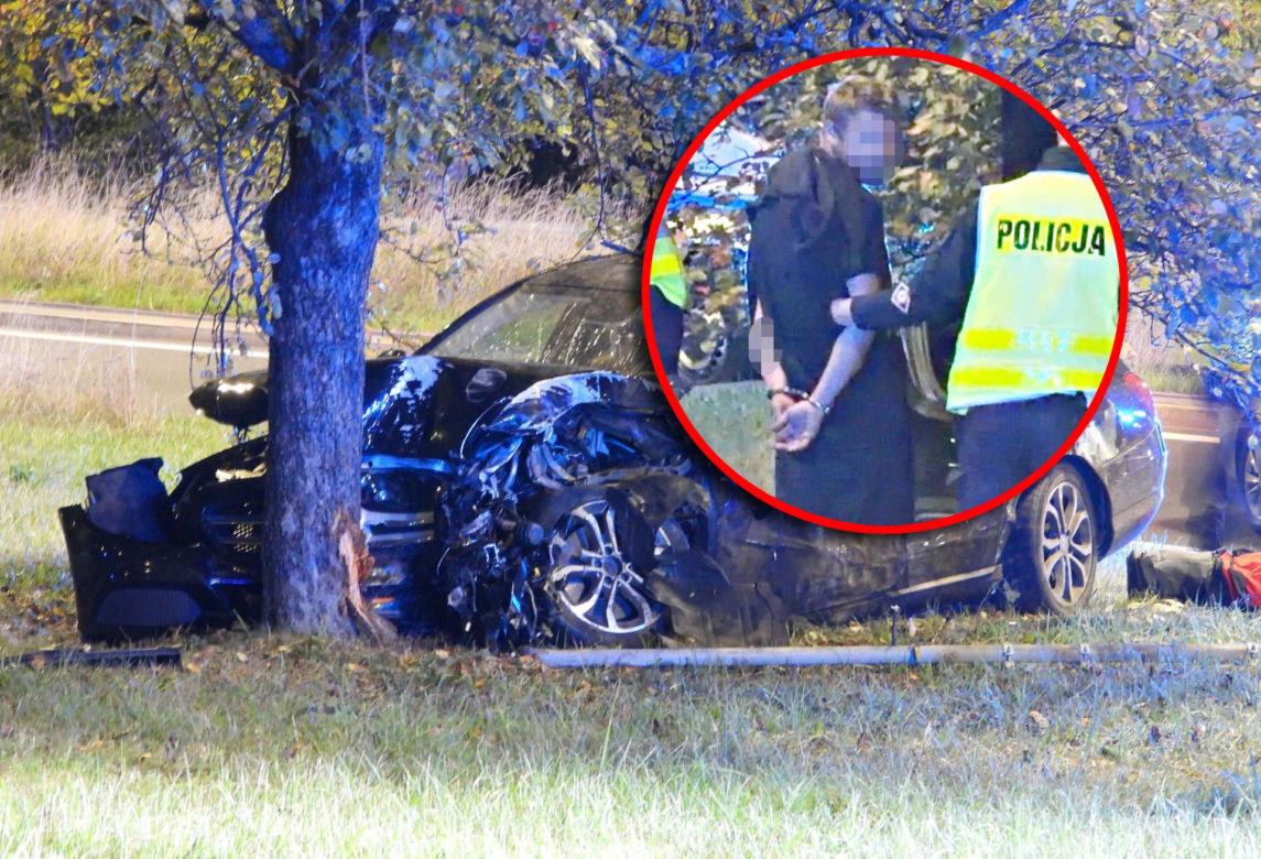 Kierowca Mercedesa pod wpływem wjechał w filar wiaduktu, odbił się i huknął w drzewo