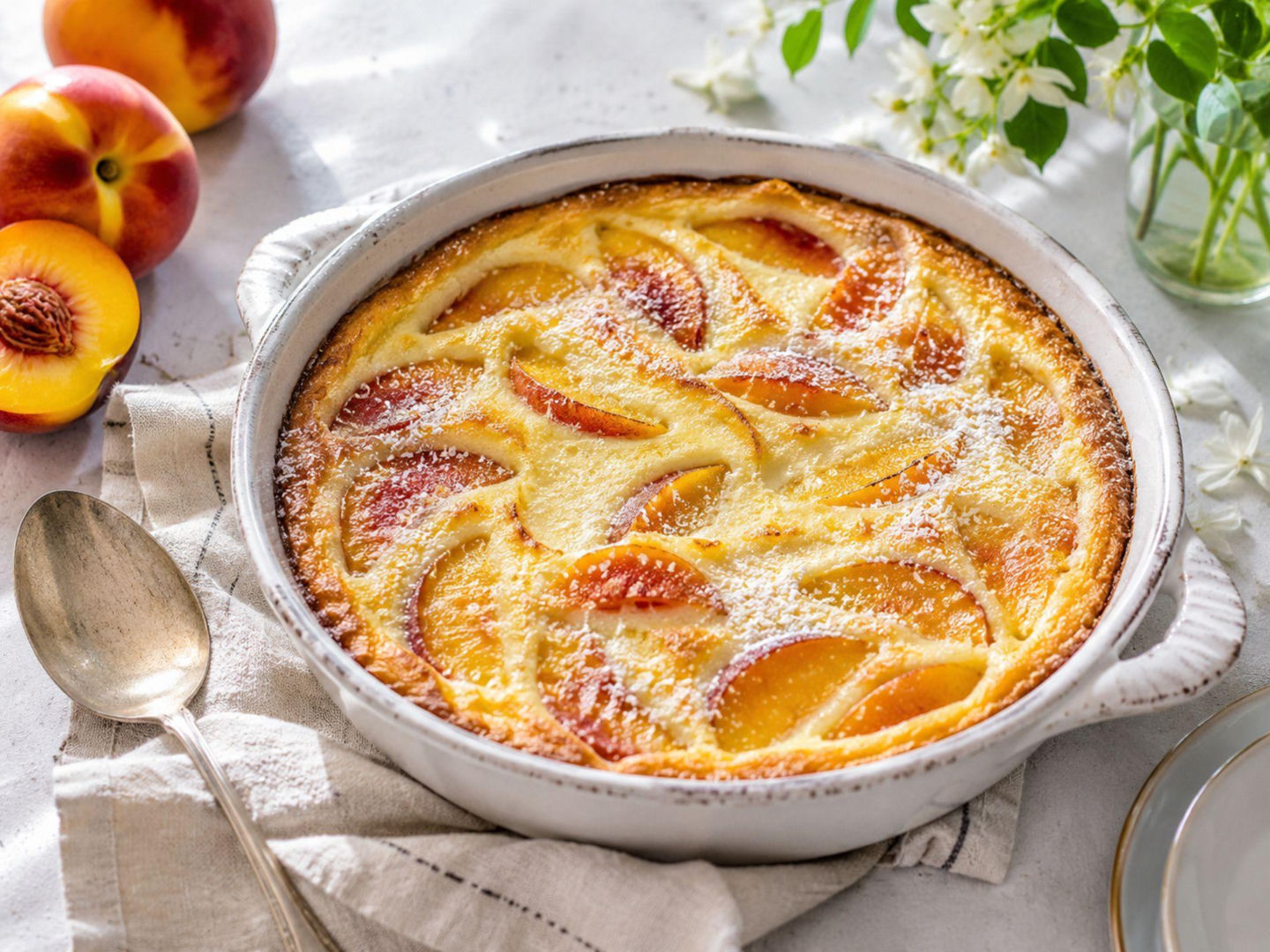 Clafoutis z brzoskwiniami. Francuskie ciasto bez miksera, które robi się jak zapiekany budyń