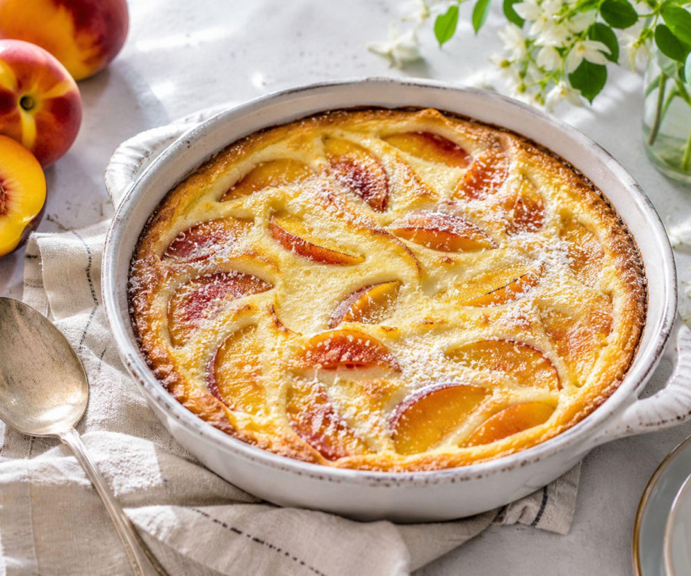 Clafoutis z brzoskwiniami. Francuskie ciasto bez miksera, które robi się jak zapiekany budyń