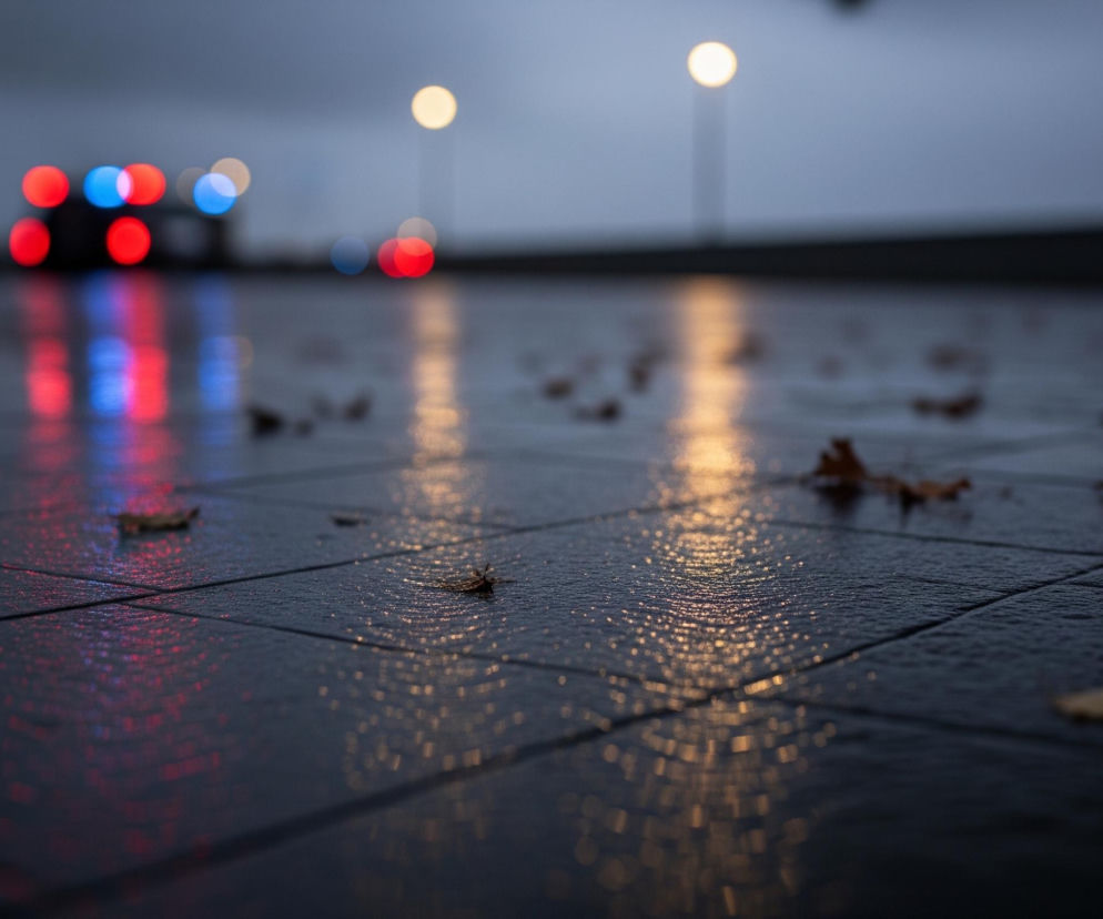 Na pierwszym planie widoczny jest mokry chodnik, ułożony z ciemnych, prostokątnych płyt o lekko chropowatej fakturze, na których leżą pojedyncze, suche liście w odcieniach brązu i beżu. Powierzchnia chodnika odbija rozmyte światła w kolorach czerwonym, niebieskim i żółtym, tworząc smugi i punkty świetlne. W oddali, rozmyte tło przedstawia ciemne sylwetki obiektów, prawdopodobnie drzew lub budynków, oraz jaskrawe, okrągłe światła: cztery czerwone i jedno niebieskie po lewej stronie oraz dwa jasne, żółte punkty przypominające latarnie uliczne po prawej, których odbicia również widoczne są na mokrej nawierzchni. Niebo jest pochmurne, w odcieniach szarości i błękitu, co wskazuje na wczesny wieczór lub deszczowy dzień.
