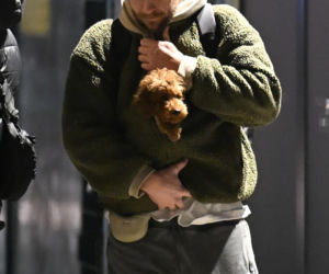 Sebastian Fabijański z pieskiem na spacerze