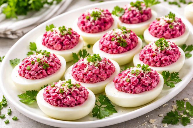 Ten regionalny patent na jajka faszerowane zachwyca kolorem i smakiem – chrzan i buraczki robią różnicę