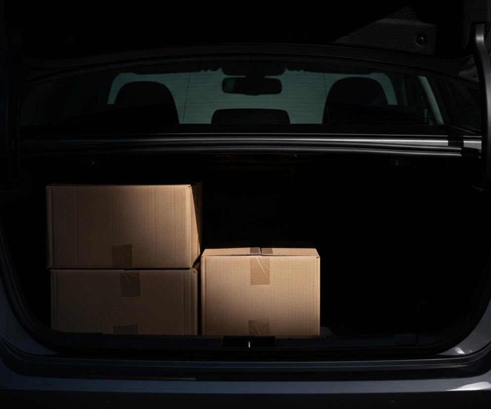 W bagażniku ciemnego samochodu znajdują się trzy kartonowe pudła, oświetlone światłem wpadającym od góry. Dwa pudła ułożone są jedno na drugim po lewej stronie, a trzecie, niższe, stoi po prawej, każde z nich oklejone jest brązową taśmą. Bagażnik jest otwarty, a jego klapa jest widoczna na samej górze kadru, podczas gdy wnętrze samochodu jest ciemne, z ledwo widocznym lusterkiem wstecznym i zarysami zagłówków przez tylną szybę. Cała scena utrzymana jest w ciemnej tonacji z ostro zarysowanymi cieniami.