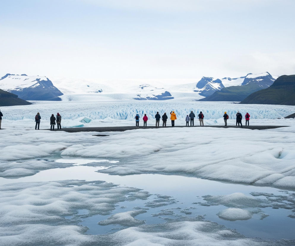 Widoczna jest rozległa, lodowa kraina z grupą ludzi stojących w rzędzie na skalistym, ciemnym pasie ziemi, który przecina białą powierzchnię lodu. Na pierwszym planie znajdują się tafle lodu o nieregularnych kształtach, częściowo pokryte wodą, tworzącą małe, płytkie jeziorka o błękitno-szarym odcieniu. Dalej, za ludźmi, rozciąga się olbrzymi lodowiec o pofałdowanej, błękitno-białej strukturze, sięgający aż do horyzontu. W tle wznoszą się ciemnozielone góry po bokach, przechodzące w ośnieżone szczyty pod bladym, lekko zachmurzonym niebem.