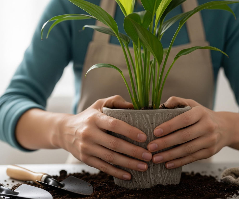 Centralnie umieszczona jest roślina doniczkowa z jasnozielonymi liśćmi, którą dwie dłonie przytrzymują w szarej, betonowej doniczce. Osoba, której dłonie są widoczne, ma na sobie turkusową bluzkę i jasnobrązowy fartuch. Na blacie stołu, pokrytym ciemną ziemią, leżą dwie małe łopatki ogrodnicze z drewnianymi uchwytami oraz złożona jasnoszara rękawica robocza. Tło jest jasne i rozmyte, co sugeruje białą ścianę lub okno.