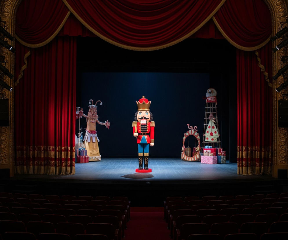 Centralnym elementem sceny teatralnej jest duża, drewniana figurka dziadka do orzechów, ubrana w czerwono-niebieski mundur ze złotymi detalami i czerwoną koroną, stojąca na czarnym, okrągłym cokole. Po lewej stronie figurki znajduje się wysoka, jasna kukła o groteskowych rysach twarzy i wystających antenach na głowie, otoczona pudełkami prezentów. Po prawej stronie, obok dziadka do orzechów, stoi ozdobna, owalna rama, a za nią widać stos pudełek prezentów oraz wysoką konstrukcję z białym, stożkowym obiektem w kropki na szczycie. Scena jest oświetlona punktowo, a w tle wisi ciemnoniebieska kurtyna, otoczona po bokach i u góry masywnymi, czerwonymi zasłonami ze złotymi frędzlami, a po bokach widoczne są złote, bogato zdobione elementy architektoniczne proscenium oraz rząd siedzeń dla publiczności.