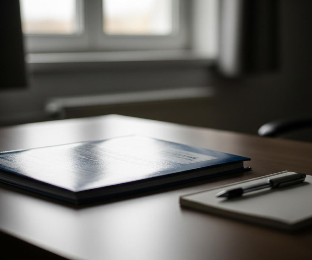 Na drewnianym blacie leży otwarty, granatowy skoroszyt z białymi kartkami, obok niego znajduje się biały notatnik z leżącym na nim czarnym długopisem. Tło stanowi rozmyte okno z białymi ramami i parapetem, częściowo zasłonięte ciemną zasłoną. Po prawej stronie widać fragment ciemnego, obrotowego krzesła biurowego. Światło z okna oświetla blat i przedmioty, tworząc na nich refleksy.