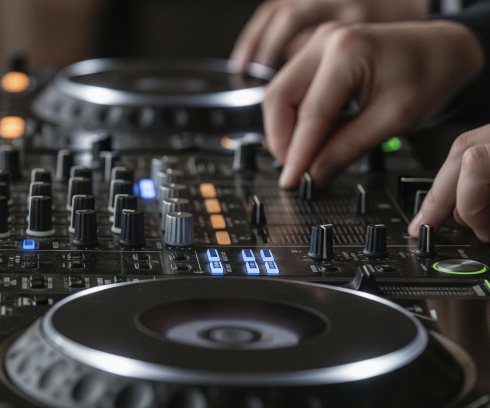 Dłonie osoby regulują pokrętła i suwaki na czarnym mikserze DJ-skim. Urządzenie ma liczne czarne i srebrne pokrętła, a także suwaki i przyciski, z których część jest podświetlona na pomarańczowo, niebiesko i zielono. W tle widać talerze gramofonów.