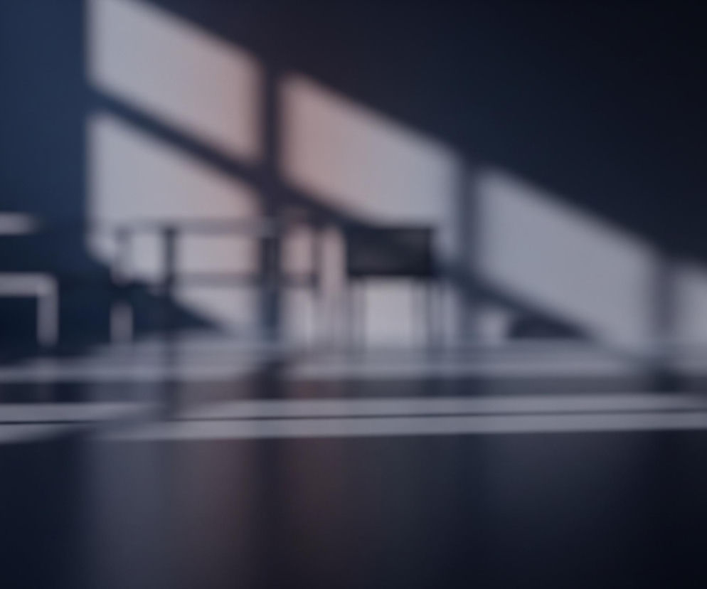 Rozmyta scena przedstawia wnętrze pomieszczenia z padającym światłem słonecznym. Na lewej ścianie widoczne są dwa prostokątne obszary oświetlone jaśniejszym światłem, sugerujące okno. Pośrodku obrazu, na tle prawej ściany, znajdują się ciemne cienie mebli – stołu i krzesła, na podłodze widoczne są również ich rozciągnięte cienie. Podłoga odbija światło, tworząc jaśniejsze pasy i refleksy.