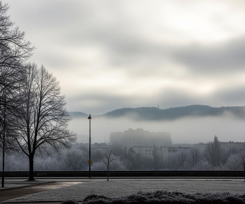 Ogołocone drzewa o ciemnych konarach, pokryte szronem, dominują po lewej stronie kadru, ich gałęzie kontrastują z jasnym, zachmurzonym niebem. Na pierwszym planie widoczny jest parkowy teren pokryty szronem, z ciemnymi krzewami i alejkami oświetlonymi przez nisko wiszące słońce. W tle rysują się zamglone budynki miejskie, częściowo zasłonięte przez pas gęstej mgły, a nad nimi widać pasmo górskie z kilkoma widocznymi wieżami na szczytach. Na środku kadru stoi latarnia uliczna, jej ciemny słup odbija jasne światło.