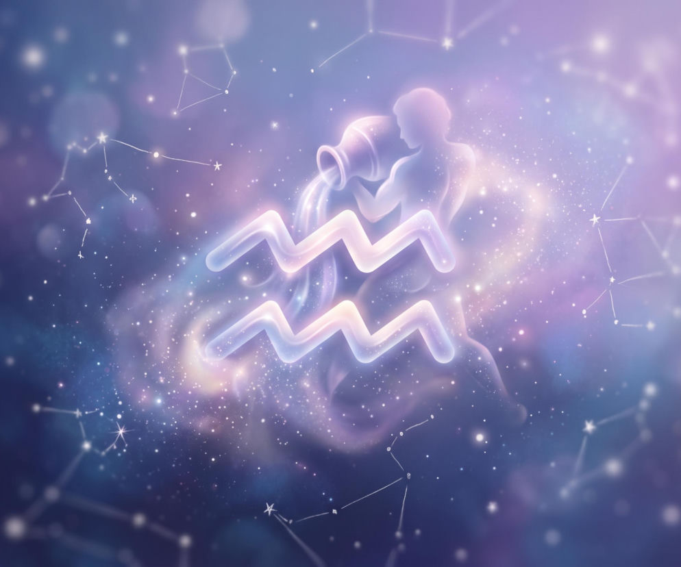 Świecący symbol znaku zodiaku Wodnik na tle rozgwieżdżonego kosmosu. O horoskopie przeczytasz na Eska.