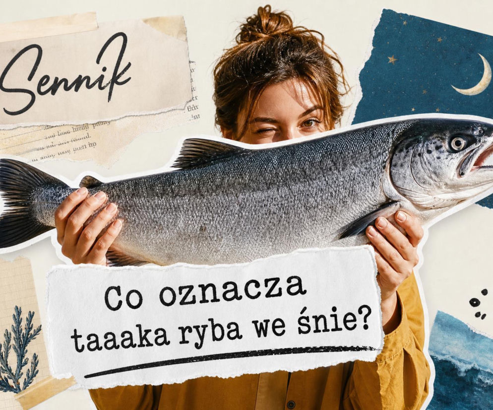 Kobieta trzymająca wielką rybę na tle kolażu. O znaczeniu snu o wielkiej rybie przeczytasz na SE.