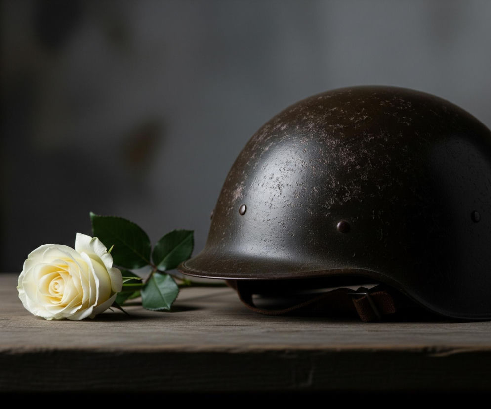 Na pierwszym planie, po prawej stronie, leży na drewnianym stole ciemnozielony, metalowy hełm wojskowy z widocznymi drobnymi uszkodzeniami i przebarwieniami na powierzchni. Obok hełmu, po lewej stronie, leży pojedyncza, biała róża z jasnożółtym środkiem i kilkoma zielonymi liśćmi na długiej łodydze. Przedmioty spoczywają na szarym, drewnianym blacie stołu, którego wyraźna tekstura usłojenia jest widoczna. Tło jest rozmyte, ciemne, utrzymane w odcieniach szarości i brązu, co sprawia, że przedmioty na pierwszym planie są wyraźnie wyeksponowane.