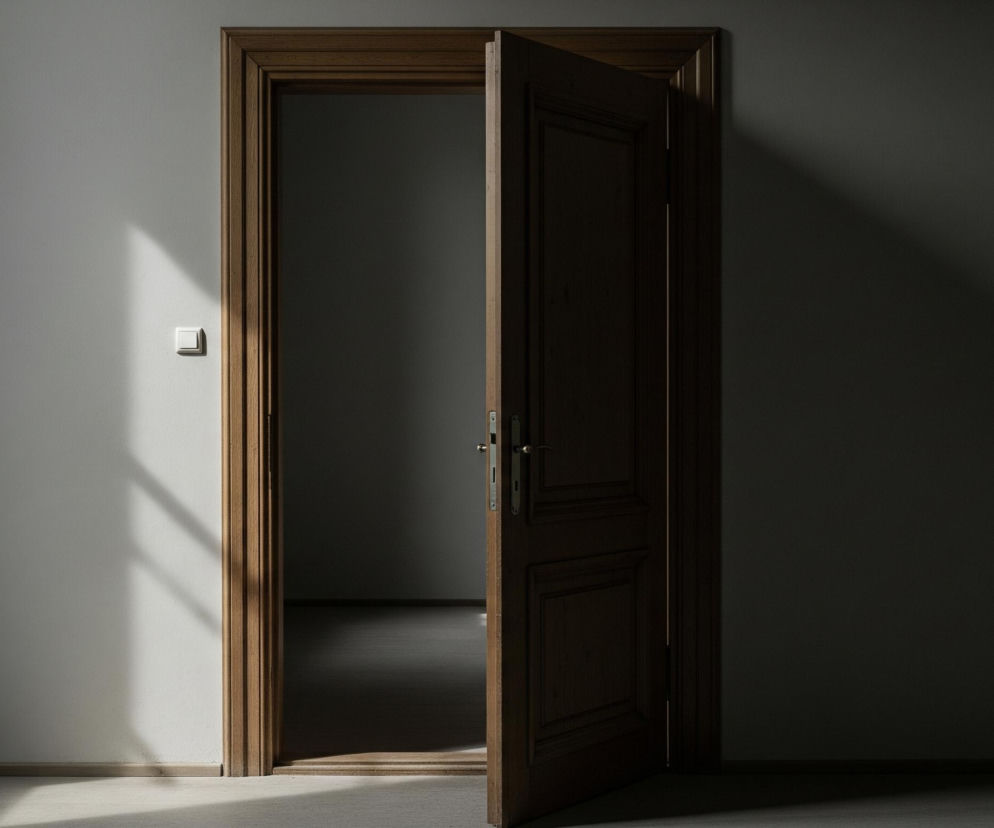 Otwarte drewniane drzwi z ciemną ościeżnicą zajmują centralną część kadru. Na lewo od drzwi znajduje się jasnoszara ściana z białym włącznikiem światła, na którą padają ukośne pasy światła tworzące wzory. Pomieszczenie za drzwiami jest ciemne, a jedynie odrobina światła rozjaśnia jego podłogę.