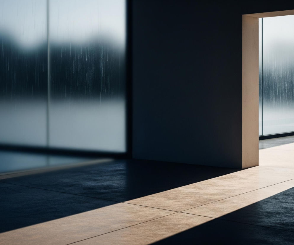 Lewa strona kadru ukazuje dużą, przezroczystą szybę okienną z widocznymi poziomymi i pionowymi podziałami, pokrytą licznymi, cienkimi pionowymi smugami, przypominającymi krople deszczu spływające po szybie. Dalej w prawo znajduje się otwarta framuga drzwiowa o jasnych, beżowych ościeżnicach, która prowadzi do kolejnego pomieszczenia. Przez ten otwór widoczna jest następna szyba, również z pionowymi smugami, podobnymi do tych na lewej szybie. Na podłodze widoczne są płytki w odcieniach szarości i brązu, rozświetlone skośnymi pasami światła słonecznego, tworzącymi wyraźne kontrasty cienia i jasności.