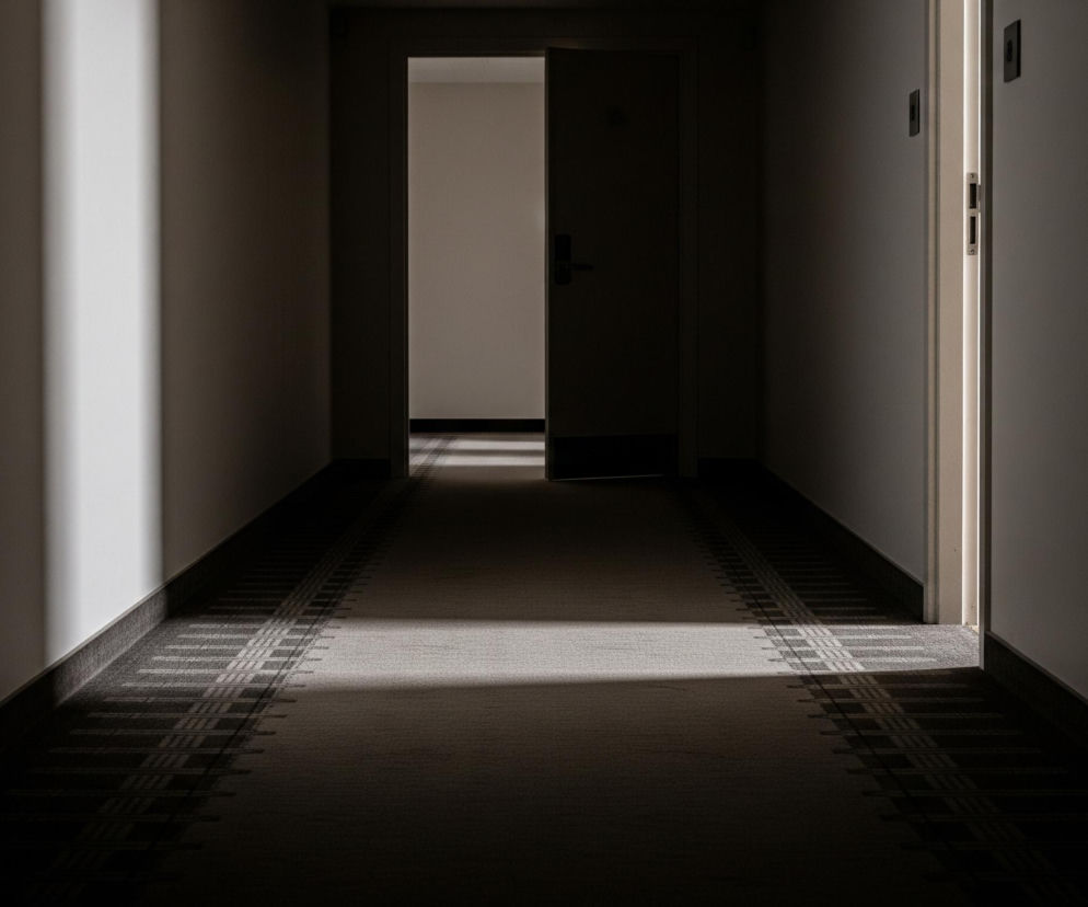 Długi, ciemny korytarz hotelowy rozciąga się w głąb, z wyraźnym pasmem światła padającym z lewej strony i tworzącym jasny prostokąt na ścianie oraz rozjaśniającym część podłogi. Na środku korytarza, w tle, widoczne są otwarte drzwi, za którymi widać jasno oświetlone wnętrze pomieszczenia. Po prawej stronie widać uchylone drzwi, które odsłaniają pionowy pas jasnego światła. Korytarz pokryty jest ciemnoszarym dywanem z ozdobnym wzorem biegnącym po obu stronach.