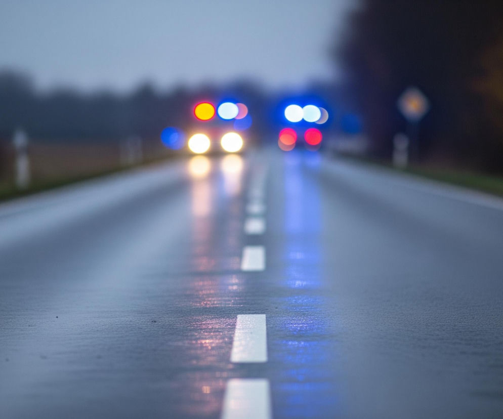 Asfaltowa droga, prawdopodobnie po deszczu, biegnie przez centrum kadru, zwężając się w oddali. Na jej powierzchni odbijają się rozmyte światła pojazdów: białe przednie, czerwone tylne oraz pulsujące niebieskie i czerwone, przypominające światła awaryjne lub sygnałowe. Widoczne są również białe, przerywane linie wyznaczające pasy ruchu i pobocze, a także słupki drogowe. Tło stanowi zamglony krajobraz z ciemnymi sylwetkami drzew.