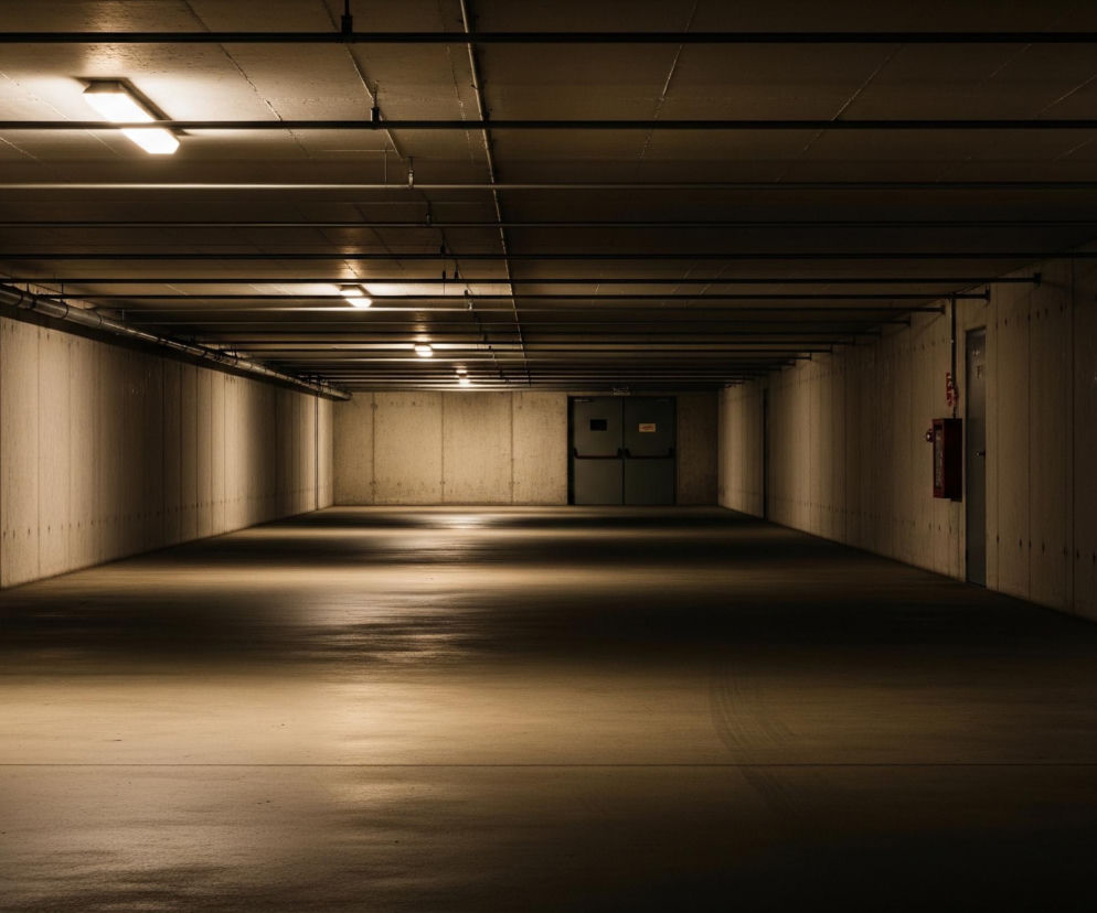 Długi, prosty korytarz podziemnego parkingu lub magazynu rozciąga się w głąb obrazu, zwężając się w perspektywie ku odległym drzwiom w centrum. Sufit i ściany boczne wykonane są z surowego betonu, w ciepłym, szaro-brązowym odcieniu, a na suficie zamontowane są podłużne, jarzeniowe lampy, rozmieszczone regularnie wzdłuż korytarza. Światło z lamp tworzy jasne smugi na podłodze, odbijając się od jej gładkiej powierzchni i tworząc wyraźne kontrasty z ciemniejszymi obszarami. Na prawej ścianie, w pobliżu wejścia, wisi czerwona skrzynka przeciwpożarowa.