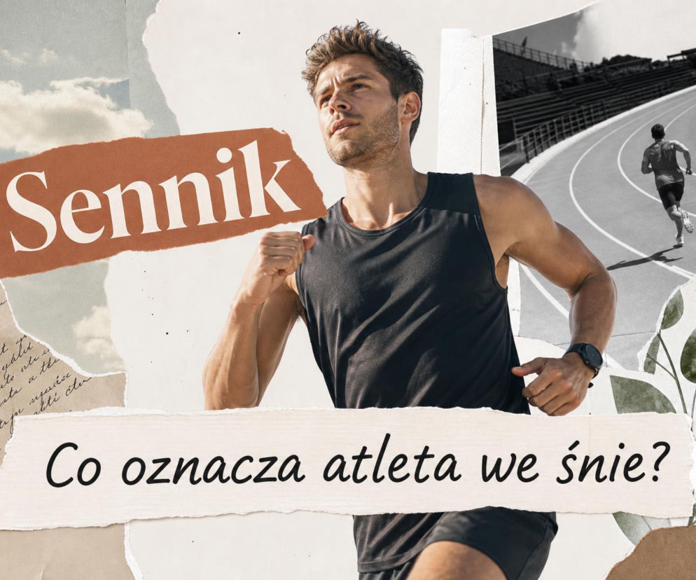 Biegacz w czarnej koszulce. Obok na miniaturze biegacz na stadionie. O znaczeniu snu o atlecie przeczytasz na SE.