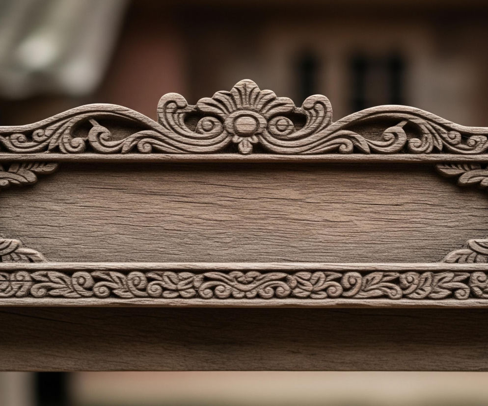 Drewniana, rzeźbiona tabliczka o zakrzywionych, falistych krawędziach górnej części, z gęstym ornamentem roślinnym i spiralnym, znajduje się na pierwszym planie. Centralna, prostokątna przestrzeń tabliczki posiada delikatne rzeźbienia na krawędziach, przypominające liście i faliste linie. Całość ma naturalny, szarobrązowy kolor drewna, z widocznymi słojami i fakturą. Tabliczka jest umieszczona na poziomej, szerokiej belce o podobnej barwie, a tło jest rozmyte, ukazując fragmenty ciemniejszych kształtów, prawdopodobnie elementów architektonicznych.