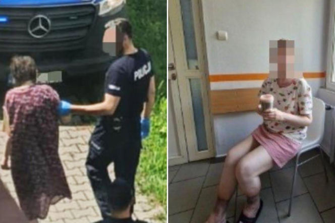 Policjant prowadzący kobietę do radiowozu. Obok Mirella siedząca z napojem. O jej losach przeczytasz na Eska Śląskie.