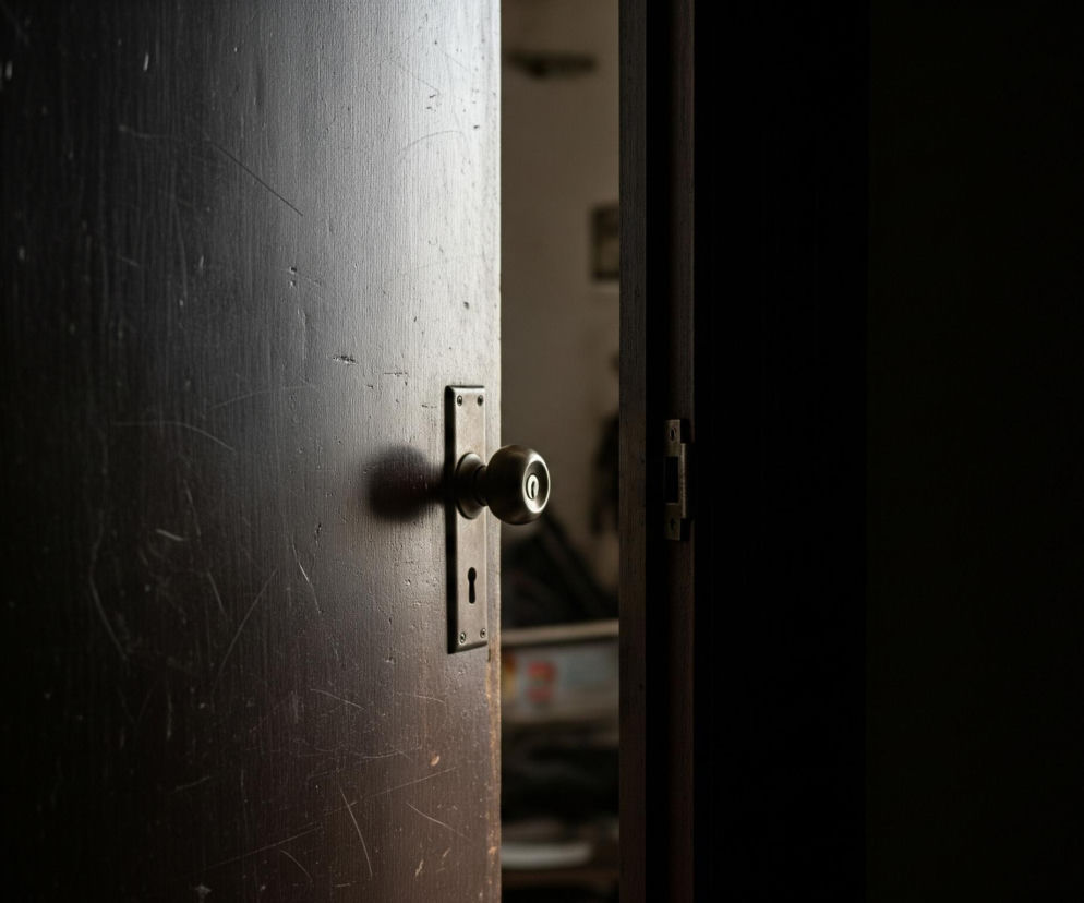 Pośrodku kadru uchylone drzwi o ciemnobrązowym, matowym wykończeniu, z licznymi drobnymi rysami. Na drzwiach znajduje się mosiężna gałka i okrągły szyld z otworem na klucz. Po prawej stronie drzwi widoczna jest ciemna przestrzeń, natomiast za uchylonymi drzwiami, po lewej, rozciąga się jaśniejsze pomieszczenie, którego szczegóły są niewyraźne i rozmyte.