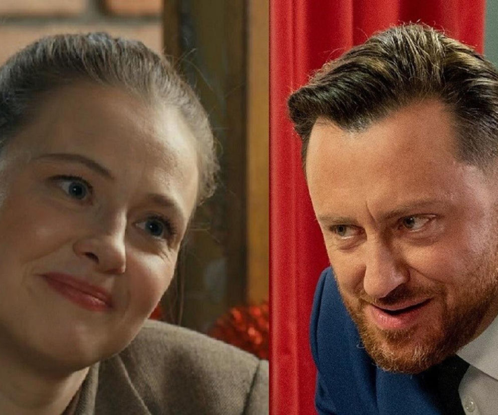 Uśmiechnięta Gabrysia (Marta Juras) spogląda na Szczepana (Robert Gulaczyk), który z przymrużeniem oka patrzy w bok. Kadr z serialu „Barwy szczęścia”, gdzie Szczepan wciąga Gabrysię w intrygę związaną z Wilkiem. Więcej o tym na Super Seriale.