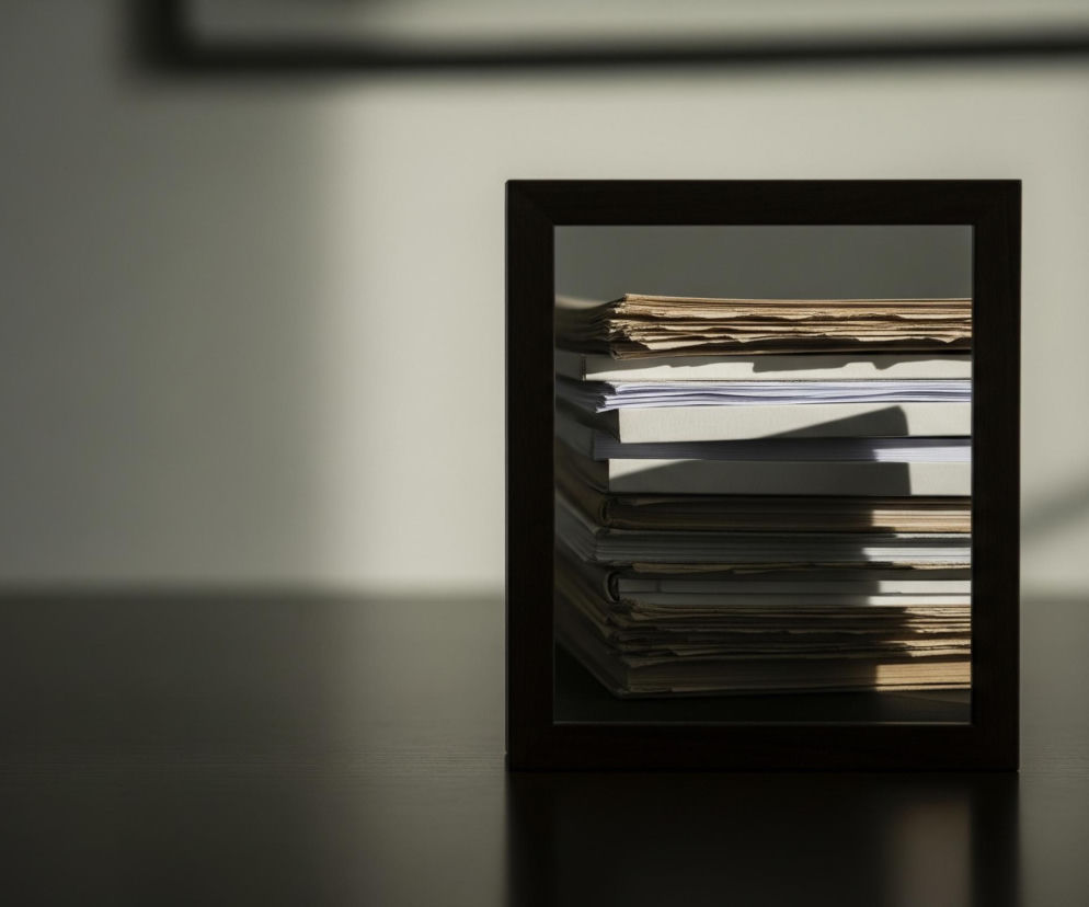 Drewnianą ramkę o ciemnobrązowym kolorze, stojącą na ciemnym, drewnianym blacie po prawej stronie kadru. Wewnątrz ramki ułożone są stosy dokumentów i papierów o różnej grubości, głównie w odcieniach beżu i bieli. Na dokumenty pada promienie światła, tworząc wyraźne cienie i rozjaśniając niektóre części stosu. Tło stanowi jasna, szara ściana z widocznymi cieniami, rozciągającymi się od górnej części ramki w lewą stronę, tworząc ukośne linie i plamy światła oraz cienia.