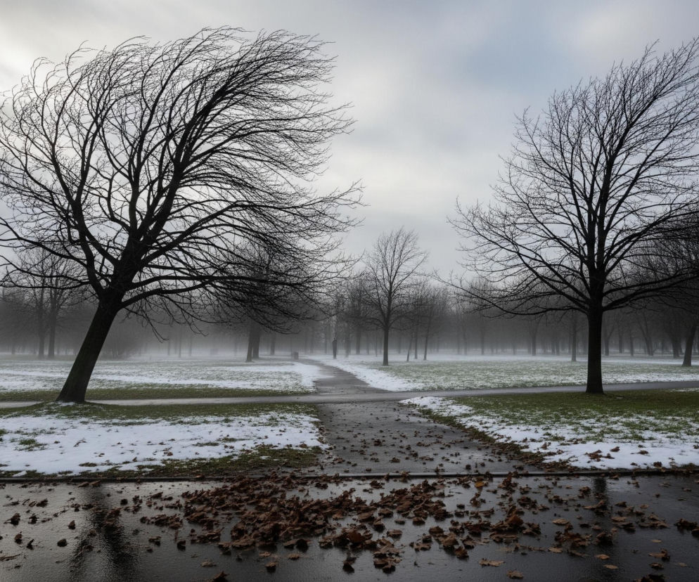 Na pierwszym planie widoczna jest mokra, ciemna nawierzchnia, na której leży wiele brązowych liści. Za nią rozciąga się trawiasty teren częściowo pokryty białym śniegiem, przechodzący w dalszej części w zieloną trawę. Przez ten teren biegnie szara ścieżka. Z prawej i lewej strony zdjęcia rosną duże, nagie drzewa o ciemnych, wijących się gałęziach, a w tle widać ich liczne sylwetki, zanikające w jasnej mgle lub zamgleniu. Całość pokrywa zachmurzone niebo, z jaśniejszym obszarem po lewej stronie.