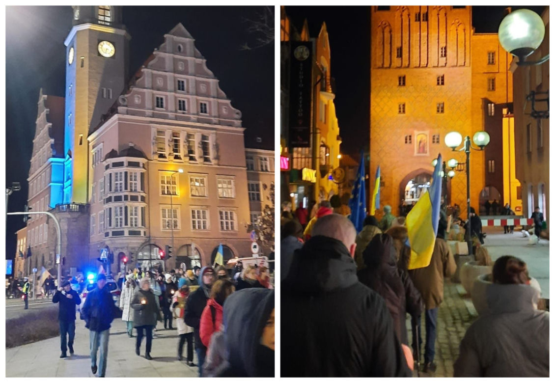 Olsztyn. Demonstracja przeciwko wojnie na Ukrainie. Ludzie nieśli znicze i flagi [ZDJĘCIA]