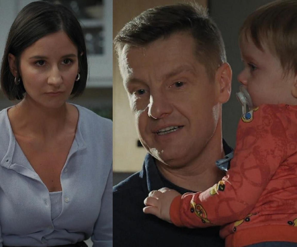 Agnes (Amanda Mincewicz) z poważną miną i Paweł (Rafał Mroczek) trzymający na rękach syna Antosia w scenie z serialu M jak miłość. Zdjęcie ilustruje bolesną tajemnicę Agnes o bezpłodności, co stanowi kluczowy wątek na Super Seriale.
