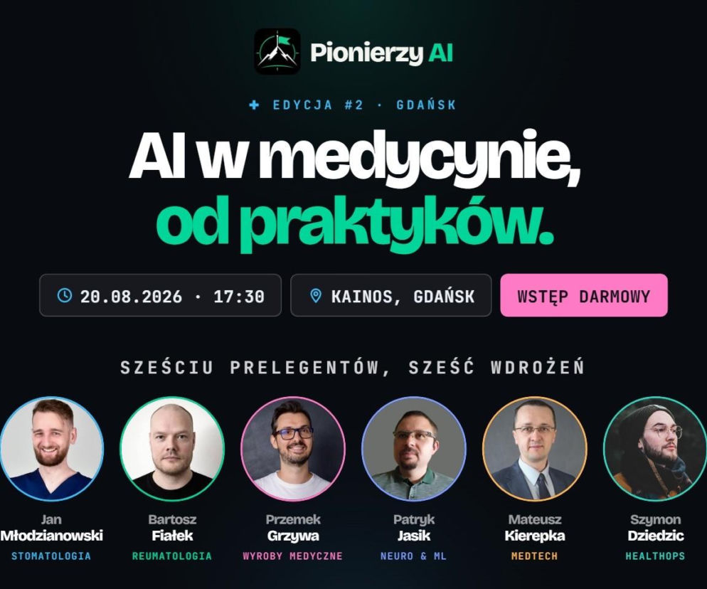 Plakat wydarzenia Pionierzy AI w Gdańsku o medycynie. O sześciu wdrożeniach AI przeczytasz na Poradnik Zdrowie.