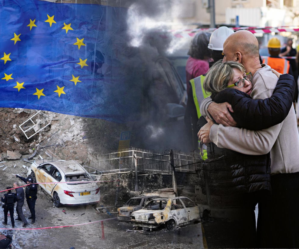 Flaga Unii Europejskiej na tle scen konfliktu, w tym zniszczone samochody, dym i ludzie obejmujący się w pocieszeniu. Ta wizualizacja napiętej sytuacji na Bliskim Wschodzie odzwierciedla obawy o ceny ropy, o których możesz przeczytać na Super Biznes.
