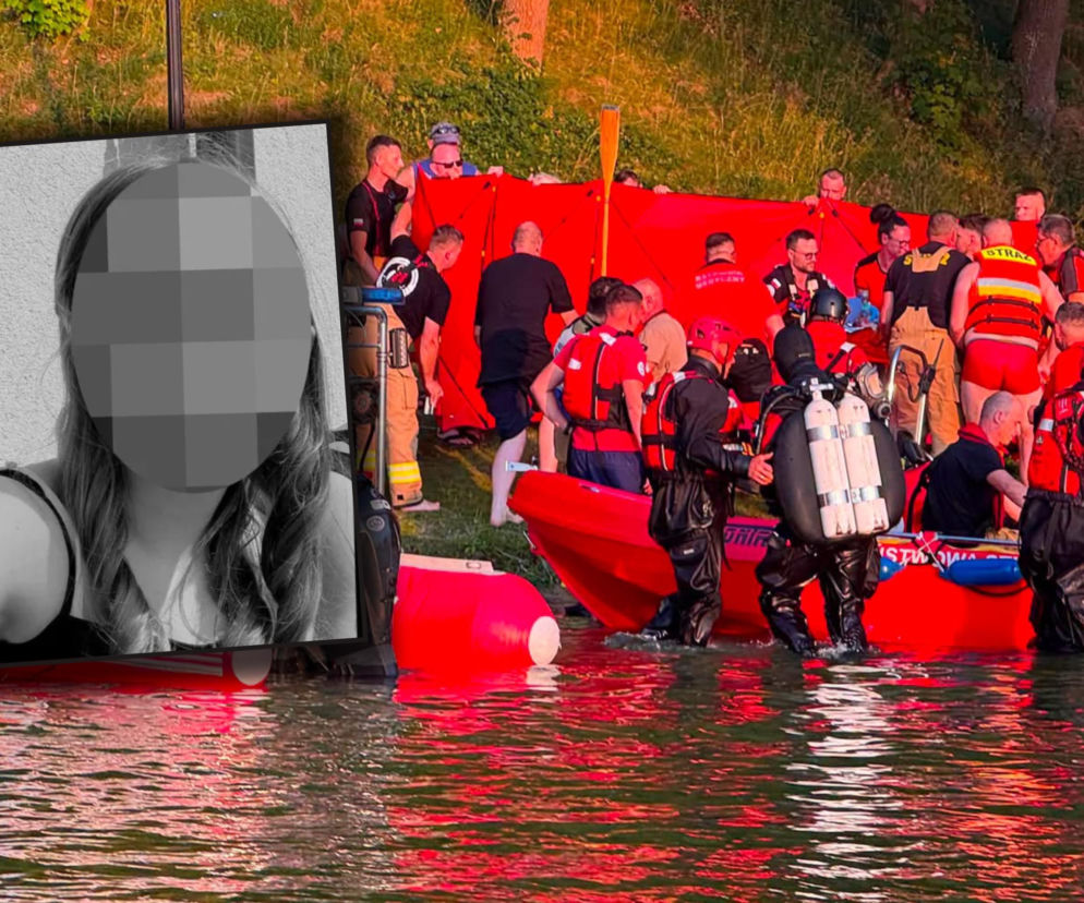 Służby ratunkowe na brzegu jeziora przy czerwonym parawanie. Na wstawce zdjęcie Wioli. O tragedii przeczytasz na SE.