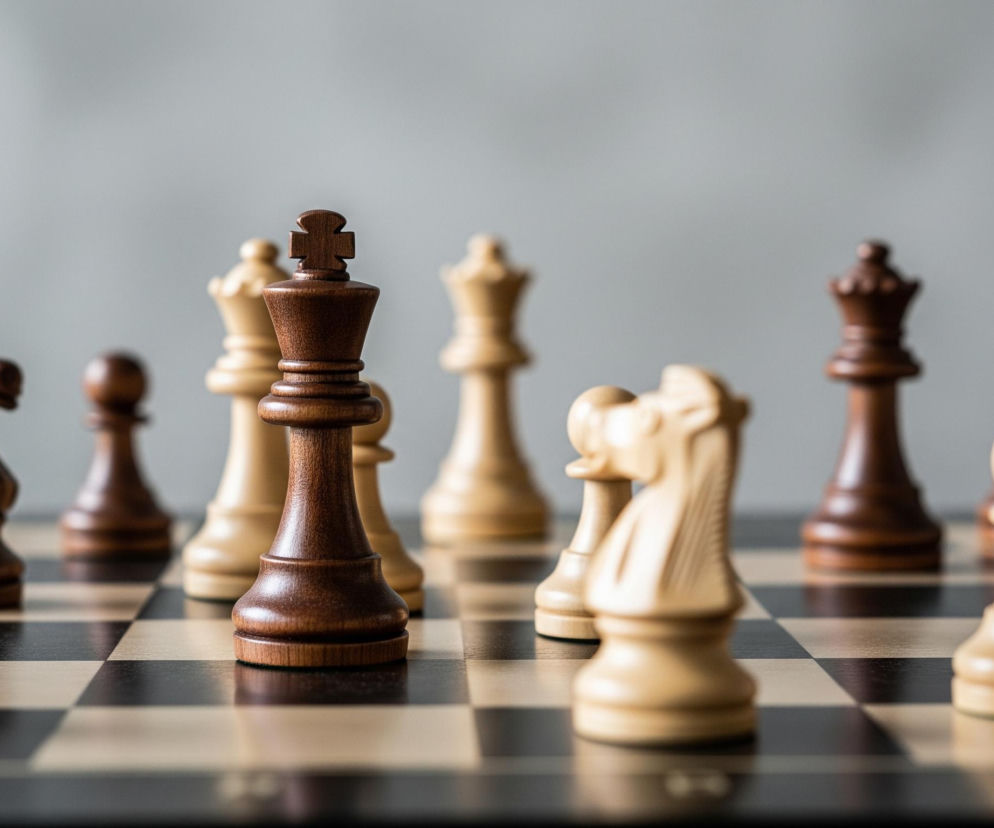 Centralnie na pierwszym planie znajduje się ciemnobrązowy król szachowy, z wyraźnym, rzeźbionym krzyżem na szczycie. Wokół niego, na szachownicy z naprzemiennymi jasnymi i ciemnymi polami, rozmieszczone są inne figury szachowe obu kolorów – ciemnego brązu i jasnego kremowego drewna. Wśród nich widać piona, skoczka, królową oraz wieżę, niektóre lekko rozmyte, co tworzy płytką głębię ostrości. Tło jest jednolicie szare i niewyraźne.