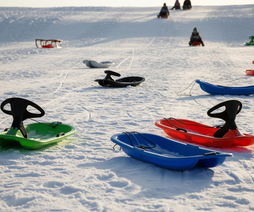 Zasypany śniegiem stok to tło dla wielu plastikowych sanek i kilku drewnianych, rozsianych po zboczu. Na pierwszym planie, z lewej strony, stoi zielona sankorolkowa, a obok niej dwie sanki typu jabłuszko – jedna niebieska, druga czerwona. Dalej w głąb stoku widoczne są kolejne sanki: zielone sankorolkowe, ciemne sanki z kierownicą, niebieskie sankorolkowe, a za nimi czerwone jabłuszko, zielone sankorolkowe i niebieskie sankorolkowe. W tle, na szczycie wzniesienia, widać kilka niewyraźnych postaci zjeżdżających na sankach. Słońce, nisko na horyzoncie, tworzy długie cienie na śniegu.