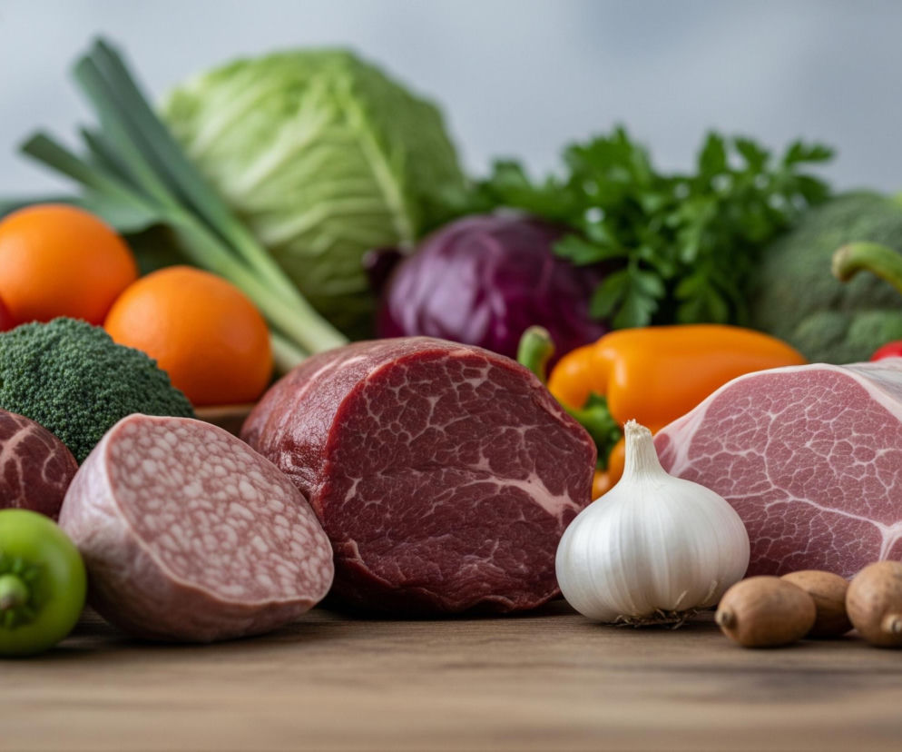 Na drewnianym blacie leżą różnorodne produkty spożywcze, dominują na pierwszym planie kawałki surowego mięsa i warzywa. Widoczne są dwa duże kawałki czerwonego mięsa z widocznymi marmurkami tłuszczu, jeden po lewej i jeden po prawej stronie, a między nimi leży przekrojony na pół okrągły kawałek kiełbasy z drobnym, jednolitym wzorem. Na pierwszym planie, centralnie, znajduje się biała główka czosnku, a obok niej kilka małych, jasnobrązowych orzechów. W tle, częściowo rozmyte, widnieje ananas, cytryna, pomarańcze, czerwony pomidor, brokuły, zielona papryka, por, kapusta biała i czerwona, zielona papryka, pietruszka oraz czerwona papryka.