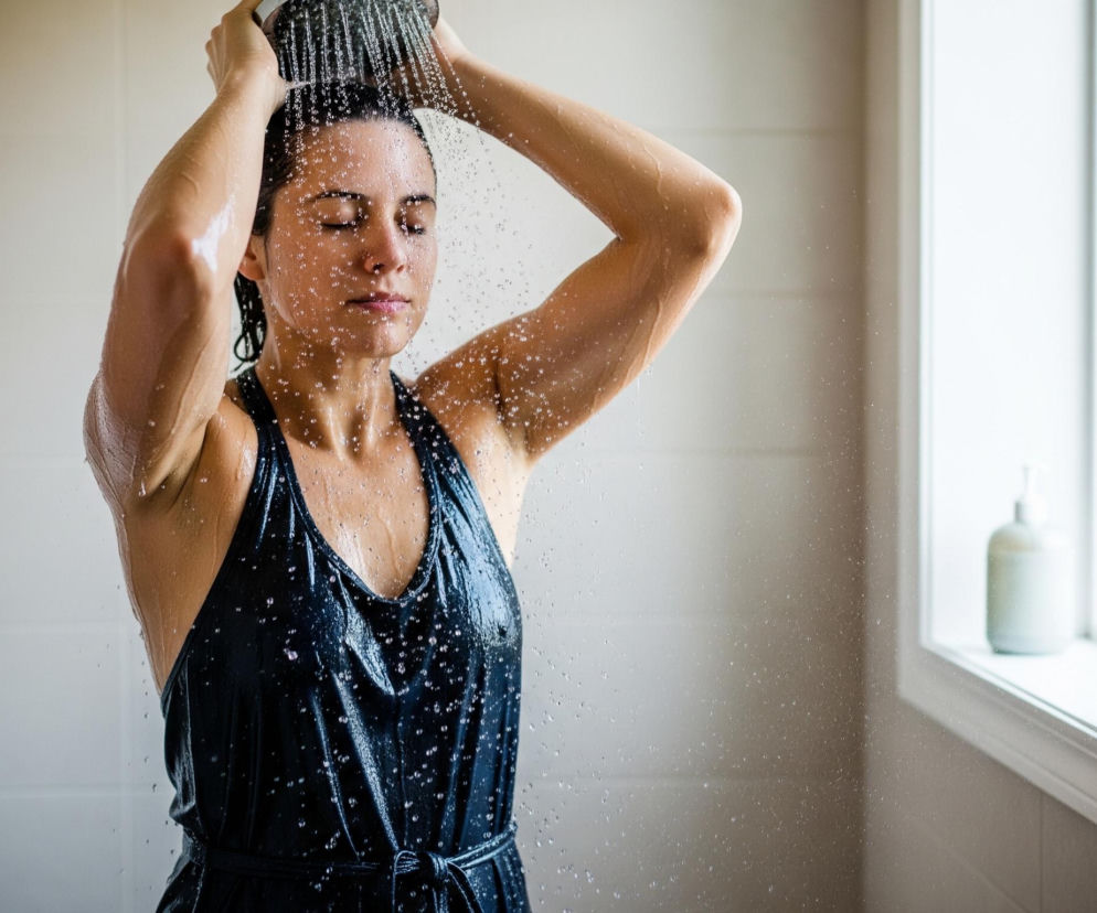 Kobieta z zamkniętymi oczami stoi pod prysznicem, trzymając obie ręce uniesione do góry, pod prysznicową słuchawką. Na jej włosy, skórę i ciemny, połyskujący strój kąpielowy, wiązany w pasie, spadają liczne krople wody, tworząc efekt mgiełki. Prysznic znajduje się w pomieszczeniu z białymi, kafelkowymi ścianami, a po lewej stronie widoczny jest metalowy panel z pokrętłem i wężem prysznicowym, natomiast po prawej stronie, w tle, widoczne jest okno z białym parapetem i jasną, beżową zasłoną.