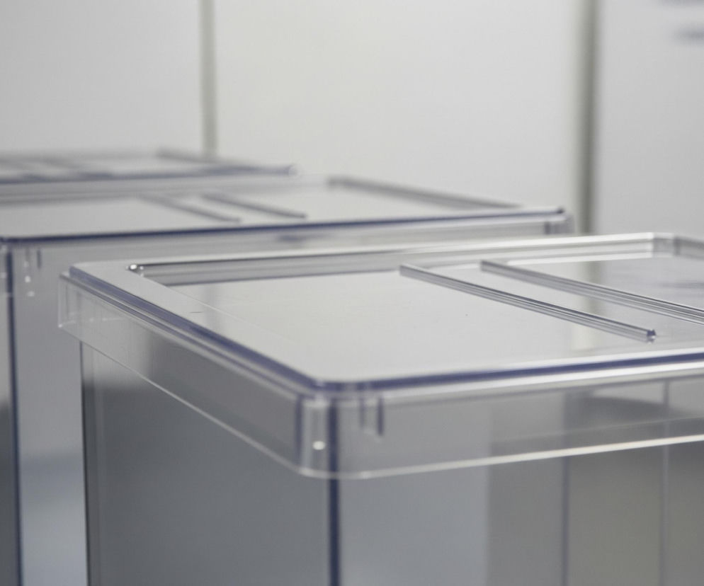 Trzy przeźroczyste urny wyborcze ustawione są jedna za drugą, z czego przednia znajduje się w ostrym polu widzenia, a pozostałe są rozmyte. Urny mają proste, geometryczne kształty z wyraźnie zarysowanymi krawędziami i uchwytami na pokrywach, przez które można wrzucać głosy. Tło za urnami jest jasne i rozmyte, z widocznymi, pionowymi elementami architektonicznymi. Całość utrzymana jest w stonowanej kolorystyce szarości i bieli, podkreślającej transparentność materiału, z którego wykonane są urny.