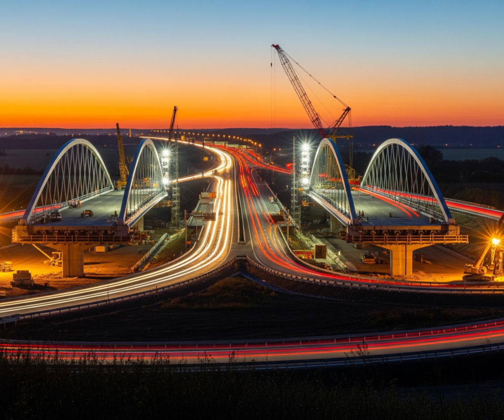 Duży most w budowie, składający się z kilku przęseł z białymi łukami, dominuje w centrum kadru. Drogi na moście i wokół niego są rozświetlone smugami białych i czerwonych świateł, świadczącymi o ruchu pojazdów w nocy, tworząc dynamiczne linie. Na placu budowy pod mostem i w jego pobliżu widoczne są dźwigi i ciężki sprzęt, oświetlone jaskrawym, żółtym światłem. Horyzont ukazuje intensywny pomarańczowy zachód słońca, przechodzący w ciemnoniebieskie niebo, a w tle rozciągają się ciemne pola i zalesione tereny.