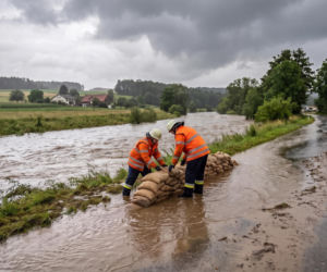 Wysoki stan wody w rzece Lipówce. Strażacy ratują drogę przed zalaniem